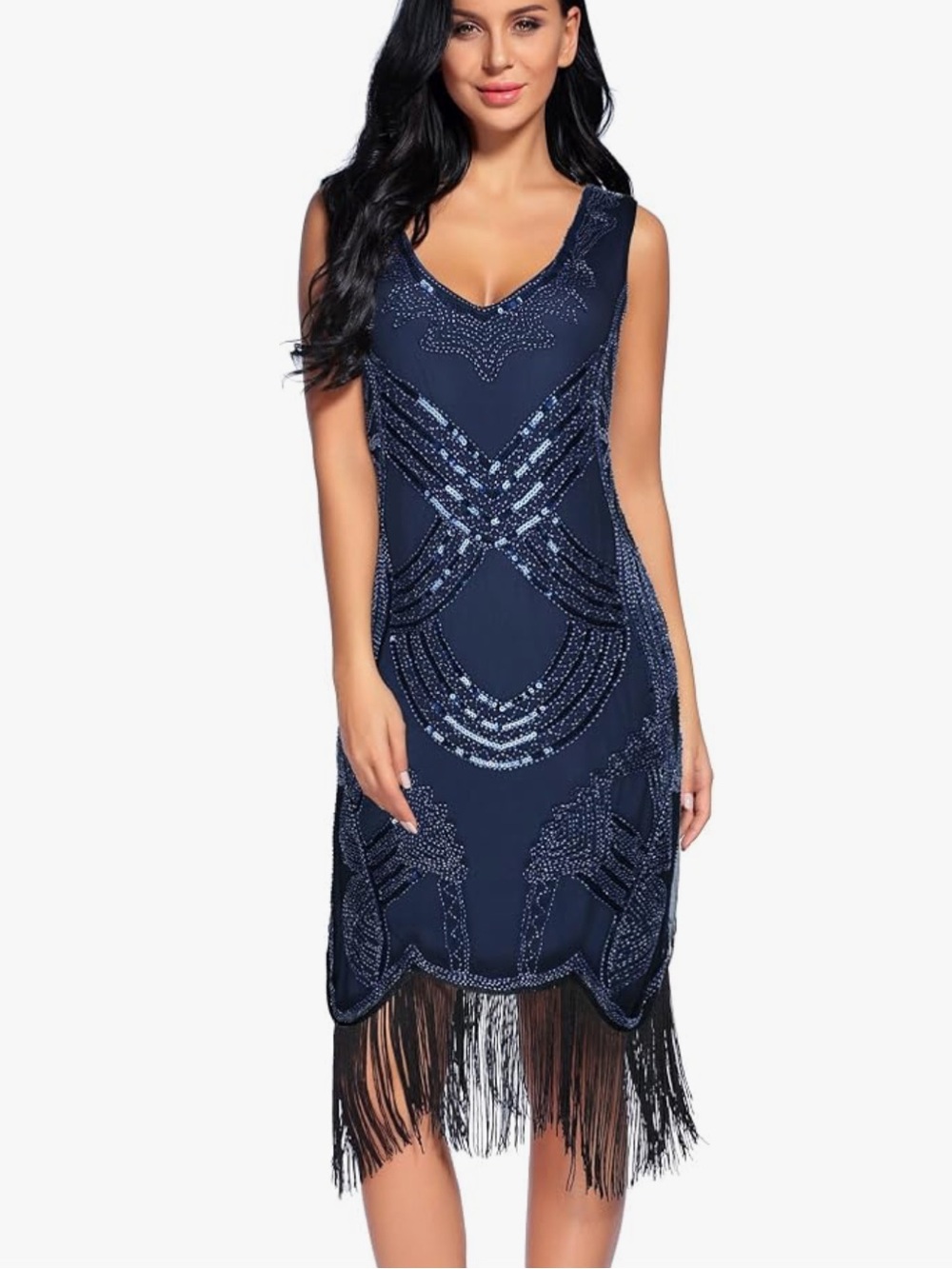 Ladies Navy Beaded Fringe Maxi Dress - Elegant Evening Wear